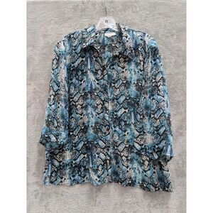 Fashion Bug Blouse Womens XL Blue Animal Print Chiffon 3/4 Sleeve Button Top